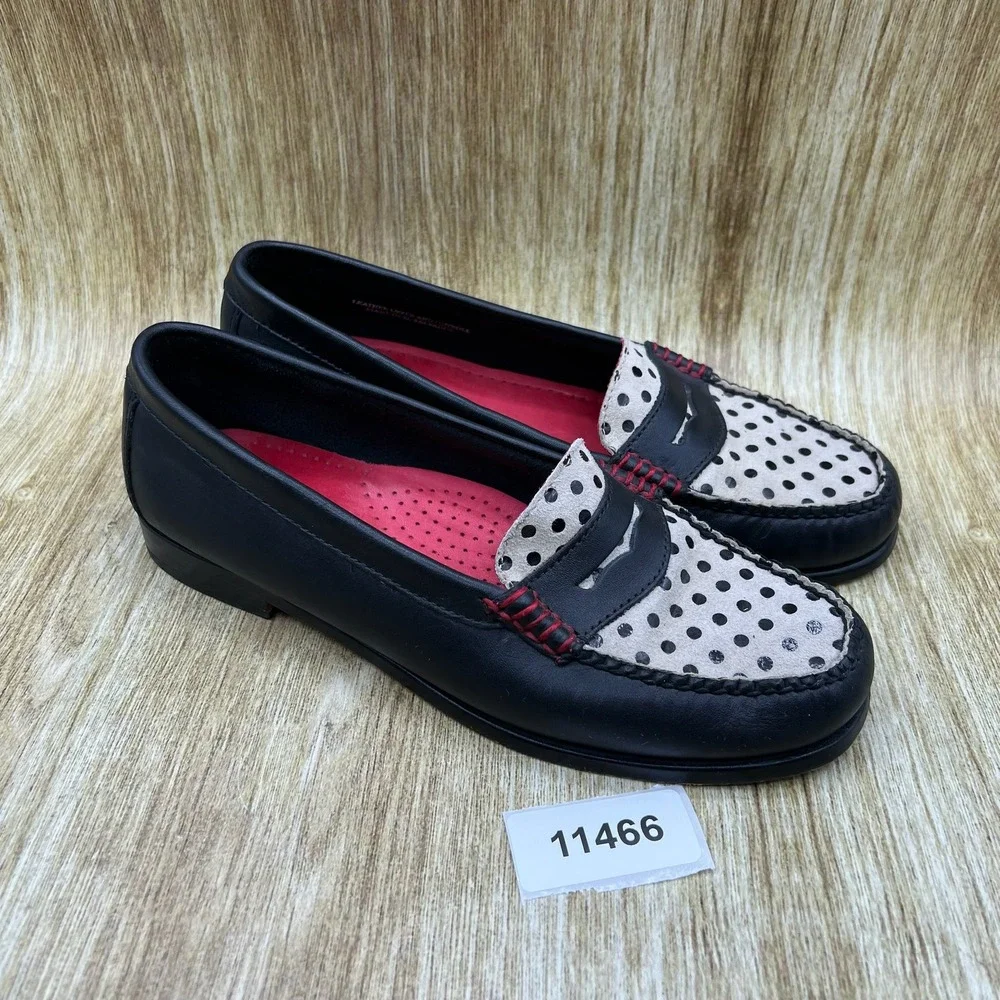 GH Bass Weejuns Loafers Women's Size 7.5 Black White Polka Dot Penny Shoes